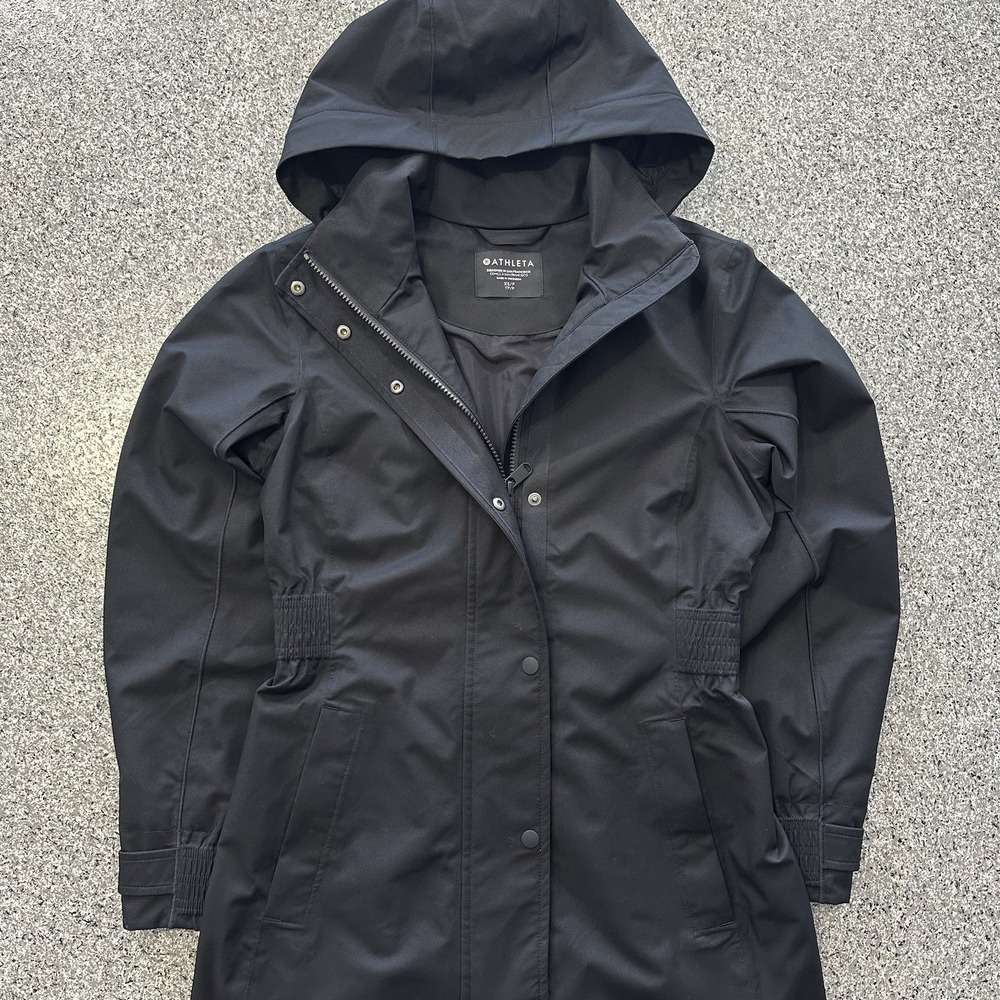 Athleta Black Hooded Trench Jacket with Elastic Waist